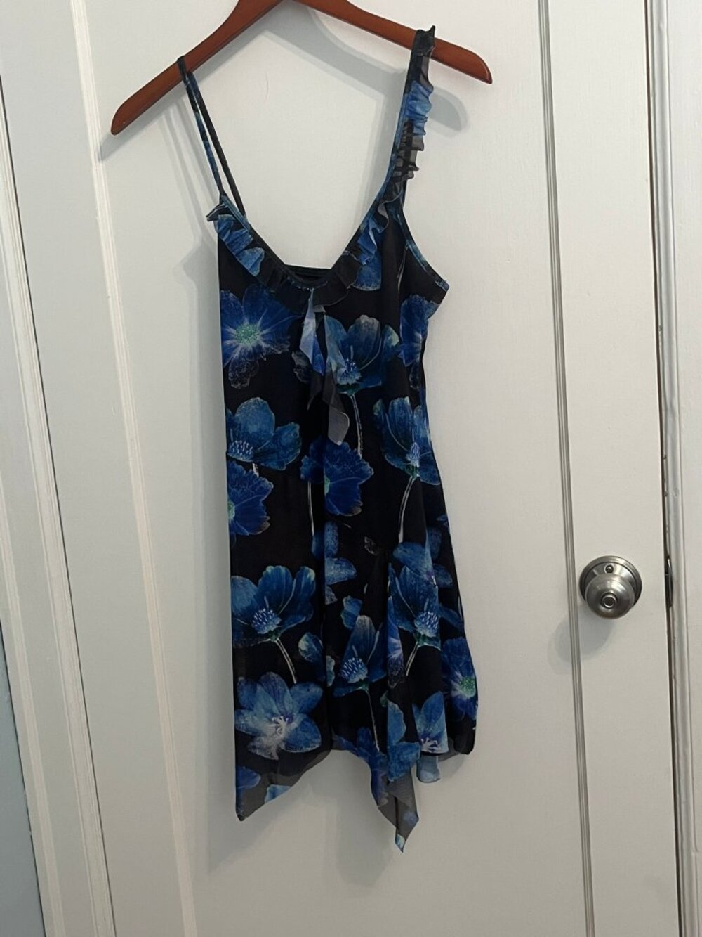 NWT Urban Outfitters Blue Floral Mesh Slip Dress Ruffle Handkerchief Hem S $69
